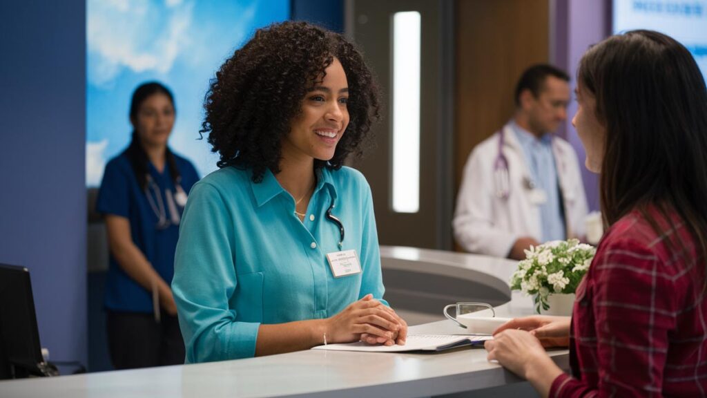 Equipe de recepção treinada oferecendo atendimento cordial em clínica de saúde.