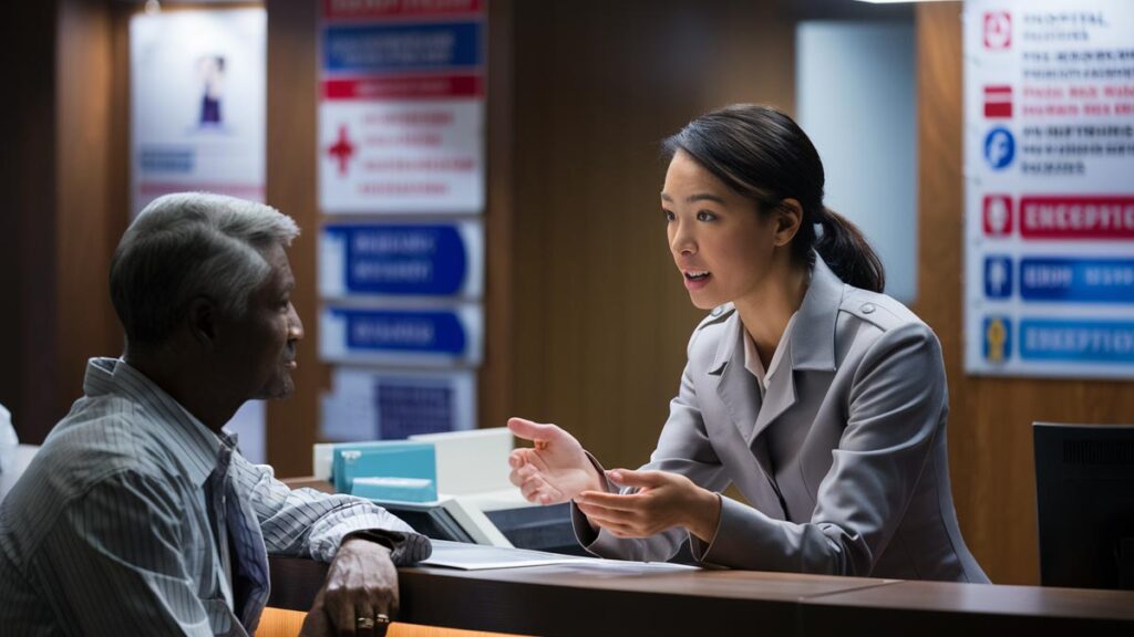 Recepcionista comunicando informações importantes de maneira clara para o paciente.