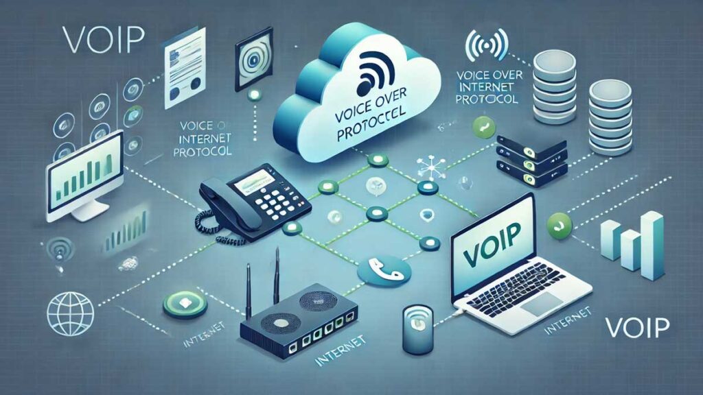 Diagrama PABX Cloud mostrando como o VoIP funciona, conectando chamadas de áudio pela internet.